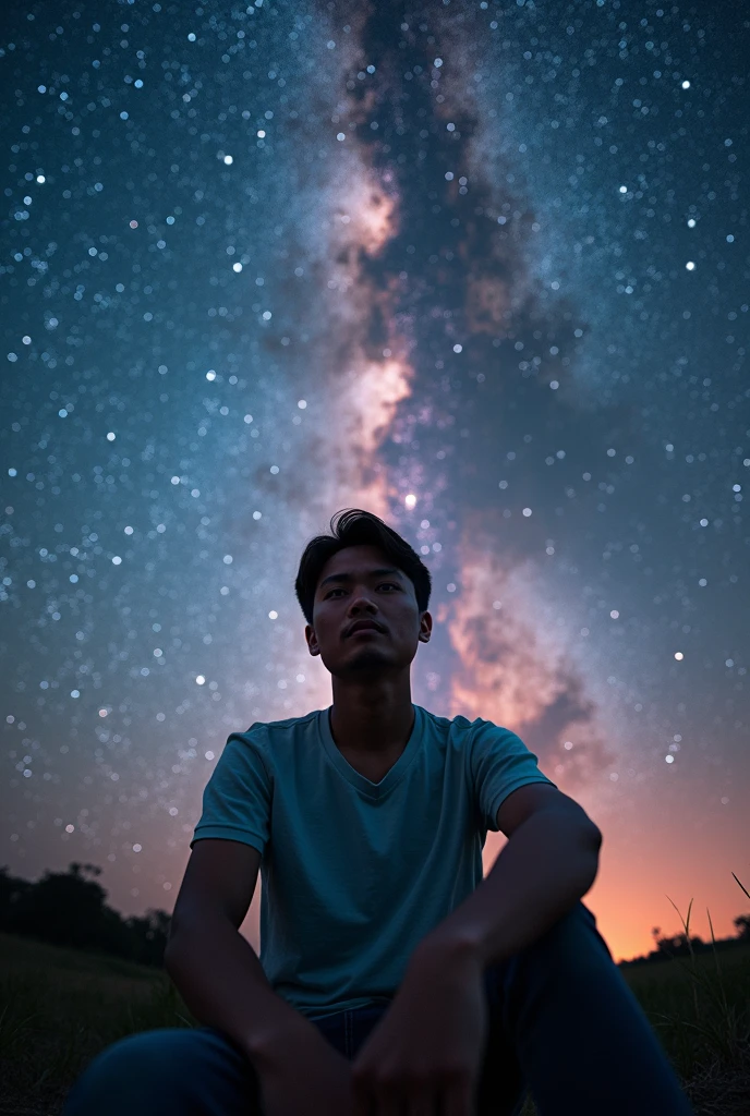 Wide view photo, Create a malaysian man 29 year old, sitting and looking atcamera, background the vastness of the universe, Milky way, com nuvens dr poeira coloridas e milhares de estrelas, Ultra-high-definition image in 8K, professional photographer