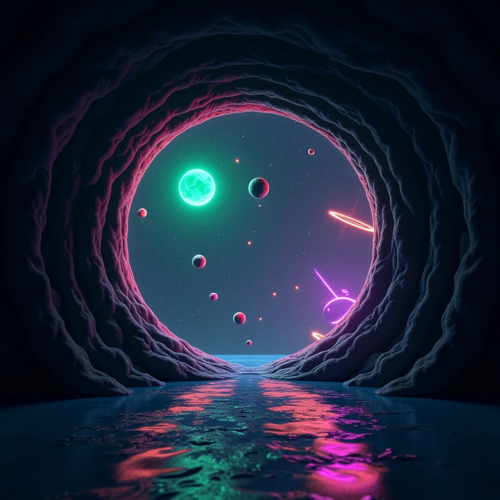 Round frame centered, Outer space, planets passing through the portal, neon colors green and violet, 3D-HD