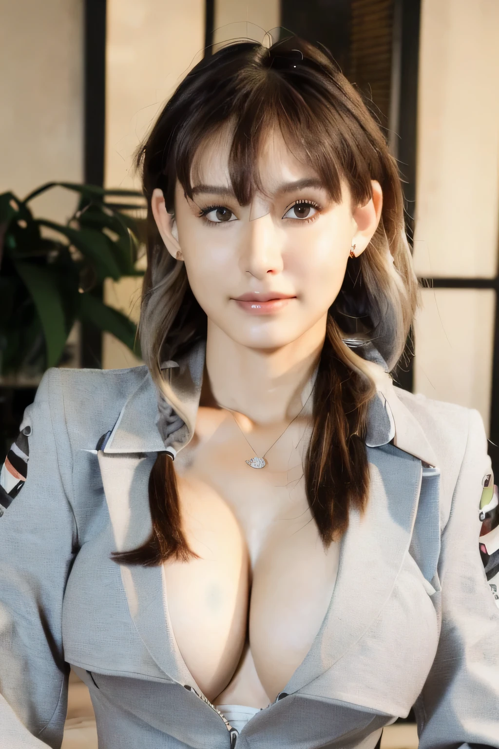 ((Highest quality, 8k, masterpiece: 1.3)), sharp: 1.2, Perfect Body Beauty: 1.6, (Beautiful woman with perfect figure :1.4), ((Layered Hairstyles, Big Breasts: 2.0)), ((Light grey business jacket:2.0)), V-neck, (Cleavage: 2.0), (Lace bra: 1.4), (Slim fit jacket: 2.0), (Jacket with a wide open chest), ((Semi-long hair: 2.0)), ((necklace)), Earrings, ring, Bracelet, Hair Accessories, ((Beautiful young ager woman)), ((Straight nose)), (Eyeliner), (White skin: 2.0), Wavy Hair, Beautiful attention to detail, Super detailed, Highly detailed face and skin texture, fine grain, double eyelid, Black Hair, smile, Shyness, Thin eyebrows, (Smile: 1.0), (indoor: 2.0)