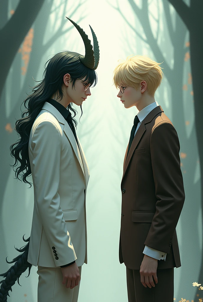 a man that wear white suit and have long hair with a dragon horn and a man that wear brown suit with a short blonde hair anime