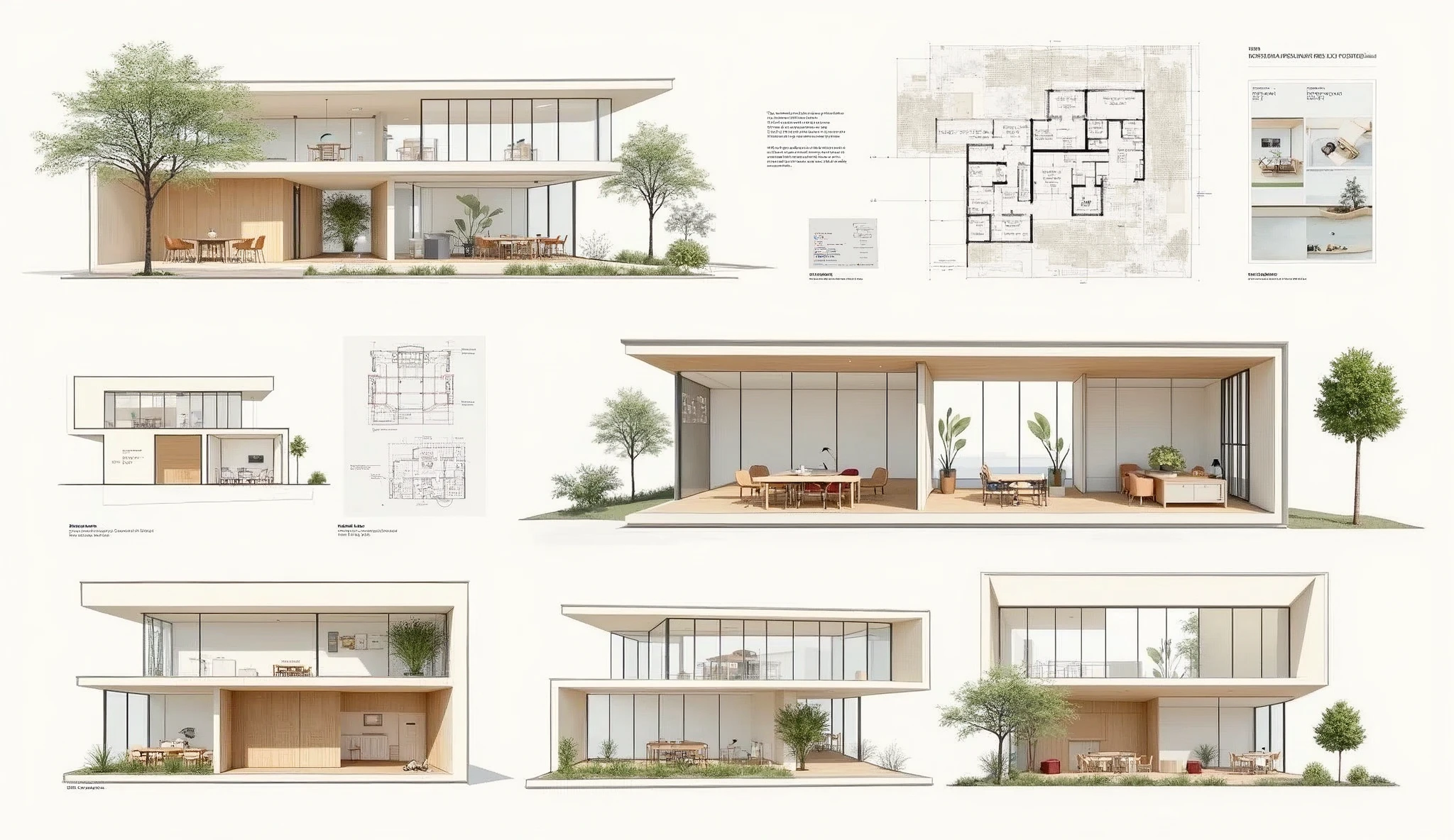 an architectural presentation board of a modern office design with floor plans, isometric views, sections, technical details,3d rendered views in pastel theme with illustrations and texts neat composition and formatted graphics