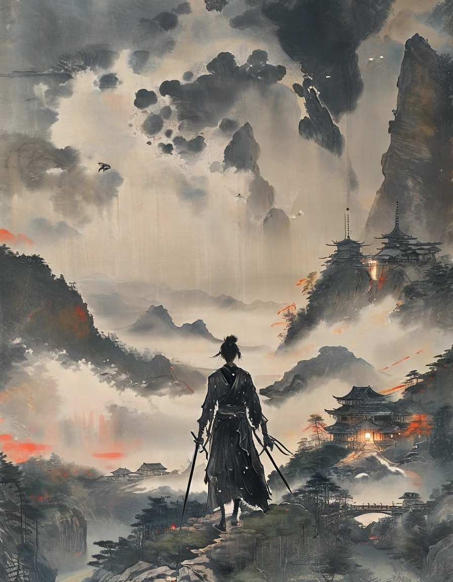 Japanese Samurai横からの全景 Japanese swordを持ち遠くを見ている pale colour Ink Painting Like overlapping Japanese Samurai Japanese sword dusk