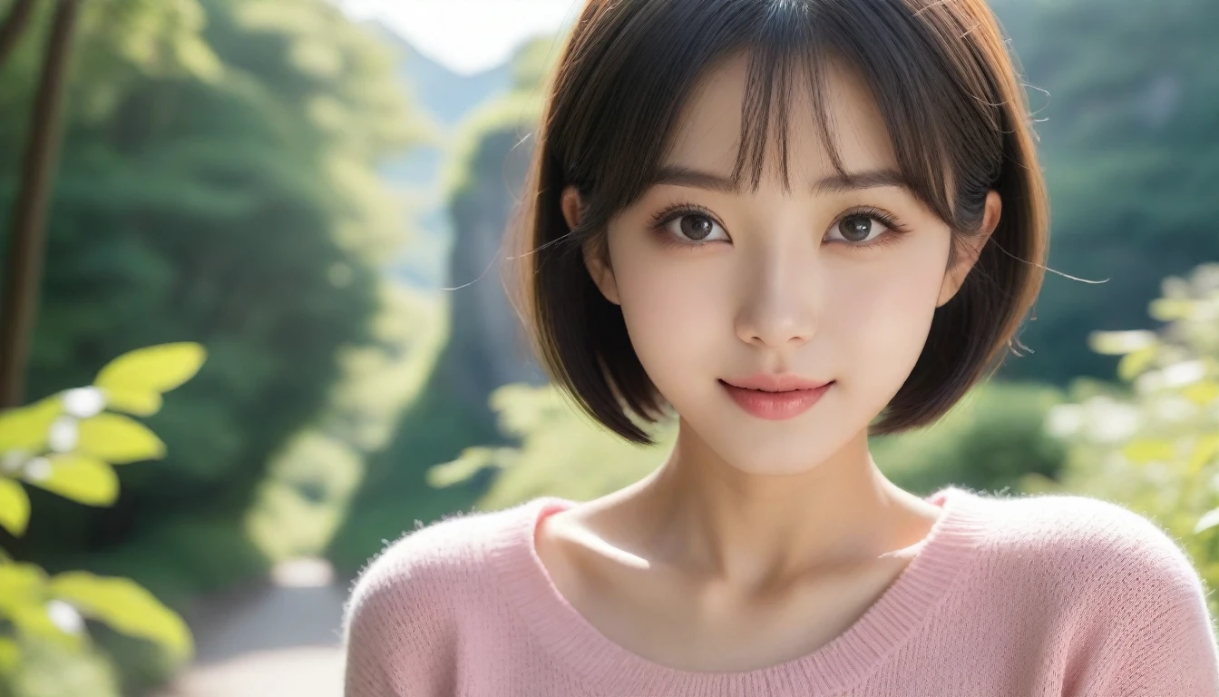 8k, Ultra-high resolution, Highest quality, masterpiece, 三分割法によるphotograph,Surreal, photograph, 1 Girl, (:1.3), pretty girl, Cute Face, 細部までBeautiful Eyes, 細かくdetailedに,masterpiece,One Girl:1.2,Japanese women,Young Wife,upper body,smile,Black hair,Bowl cut,(Summer knitwear:1.3),wood々Inside,Mountain trail,Summer sunshine,wood漏れ日,(Beautiful attention to detail),Subtle details, detailedな顔, smile,Attractive girl,(のポートレートphotograph:1.4),(Photorealistic images:1.4),Fantasy art,(Beautiful Face:1.4),Beautiful and attractive eyes、Beautiful Eyes、(Tight waist:1.4)、(Beautiful with perfect body proportions:1.4),Pink Lips,Looking at the audience,(((Ideal body type))),A-cup small breasts :2,、Portraiture:2、Perfect Anatomy、鮮明なdetailed、detailed,Fashion magazine cover,Thin lips,完璧でBeautiful Face ,完璧でCute Face, Skin with attention to detail, Perfect limbs、Narrow waist,Surreal,Light and shadow,dappled sunlight