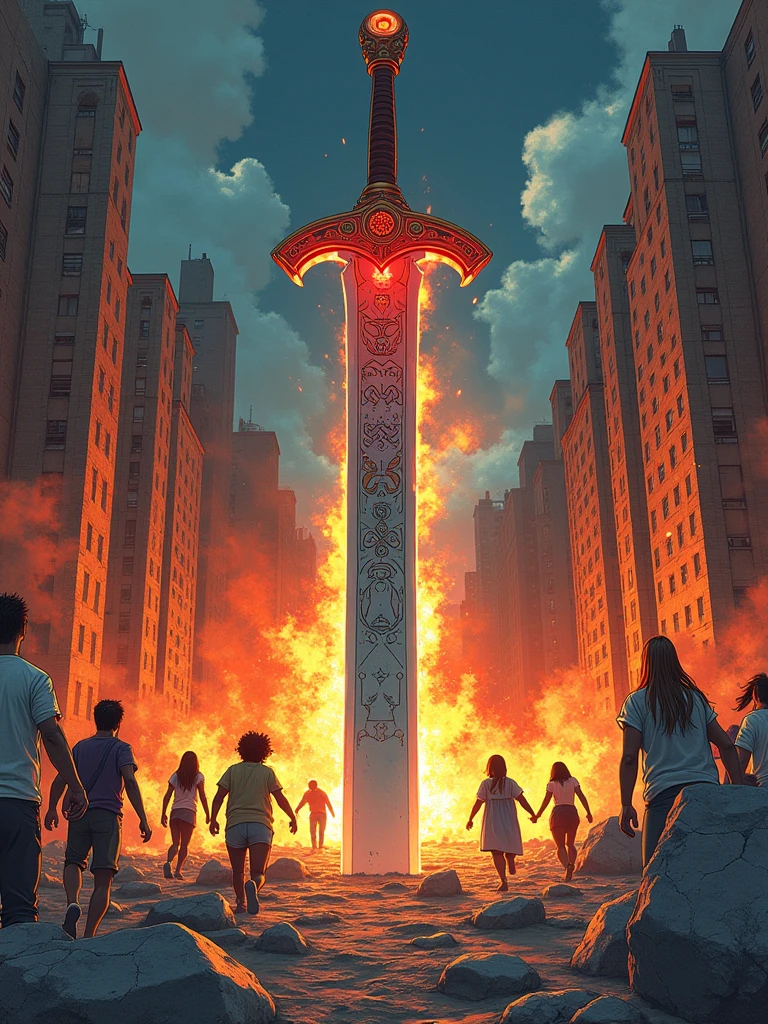 A large, dark broadsword firmly stuck in an imposing stone. The impressive blade features intricate, red engravings done in the style of ancient runes. The surrounding scene is one of chaos and flame, with buildings succumbing to a rampant fire. Scared individuals of various gender and descent including Caucasian, African, Hispanic, South Asian, run away in terror, their faces etched with pure fear. The artwork is presented in a traditional line art reminiscent of pre-1912 anime, filled with bright and bold colors.