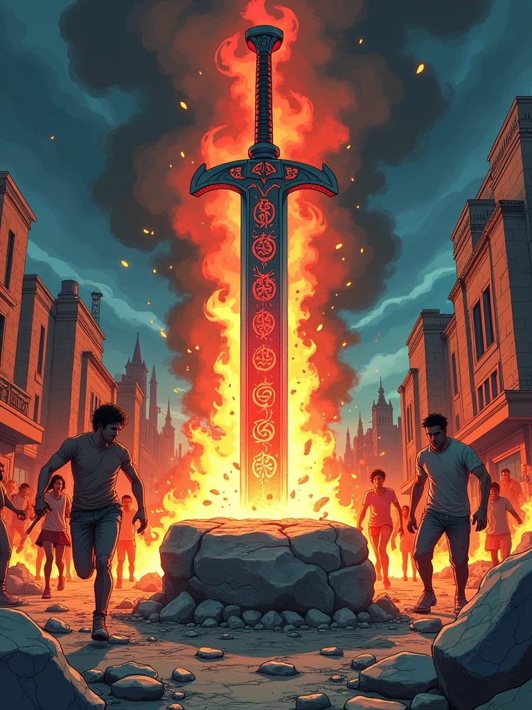 A large, dark broadsword firmly stuck in an imposing stone. The impressive blade features intricate, red engravings done in the style of ancient runes. The surrounding scene is one of chaos and flame, with buildings succumbing to a rampant fire. Scared individuals of various gender and descent including Caucasian, African, Hispanic, South Asian, run away in terror, their faces etched with pure fear. The artwork is presented in a traditional line art reminiscent of pre-1912 anime, filled with bright and bold colors.