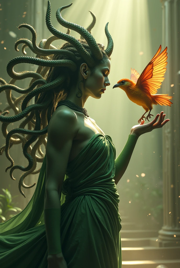 The Medusa of Greek mythology from head to toe posing authentically, with a phoenix as if descending from its flight towards her hand extended upwards, I want the phoenix to look like she's trying to get a butterfly to land on her finger., But instead of a butterfly I want it to be a phoenix like the butterfly flying but going down towards your finger, I want there to be a great representation of these two giving light like rays or dust to the background based on their base colors and with flashes of rays like in the background, I want Medusa to have only two arms and for it to be noticeable that they are snakes and not like the dreadlocks she has in her hair and like a fearsome figure and more green like it is in Greek mythology.