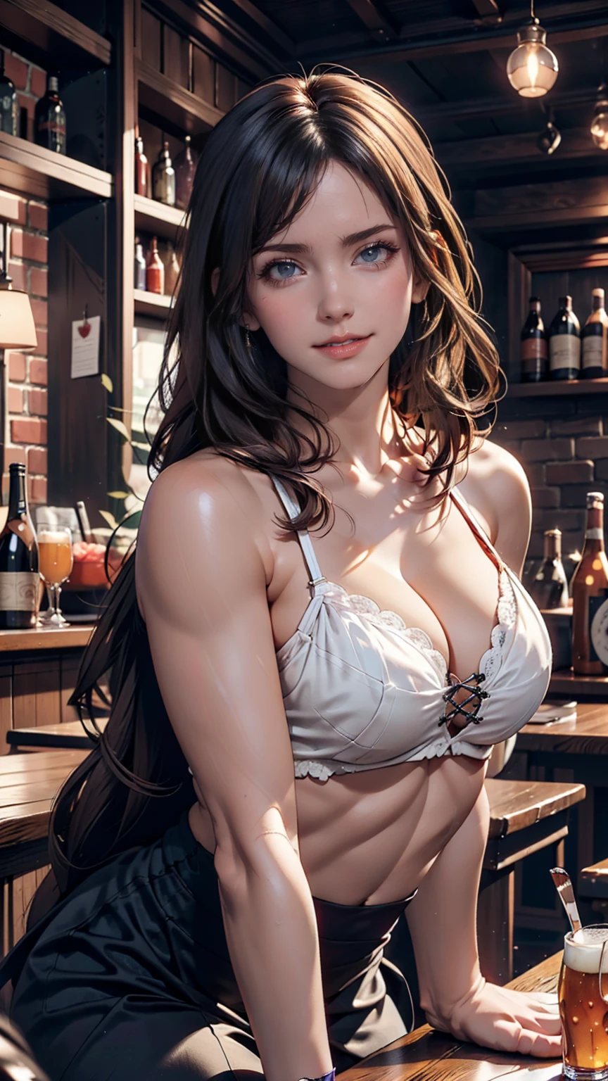 Beautiful witch woman, Short black hair, Purple eyes, Large Breasts, Dressed in witch clothes, Sitting in a pub and smiling, Realistic, Full HD, Highest quality、24-year-old woman、Attractive Young Woman, (Beautiful Face:1.1), Detailed eyes, Seductive lips, (eye make up:1.2), (Medium chest:1.0), (Toned body:1.2), Sexy proportions、Narrow waist