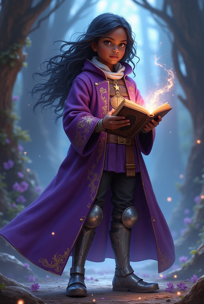 wizard boy, dark skin, long hair, naive appearance, purple coat, silver armor boots.
Holds a magic book.