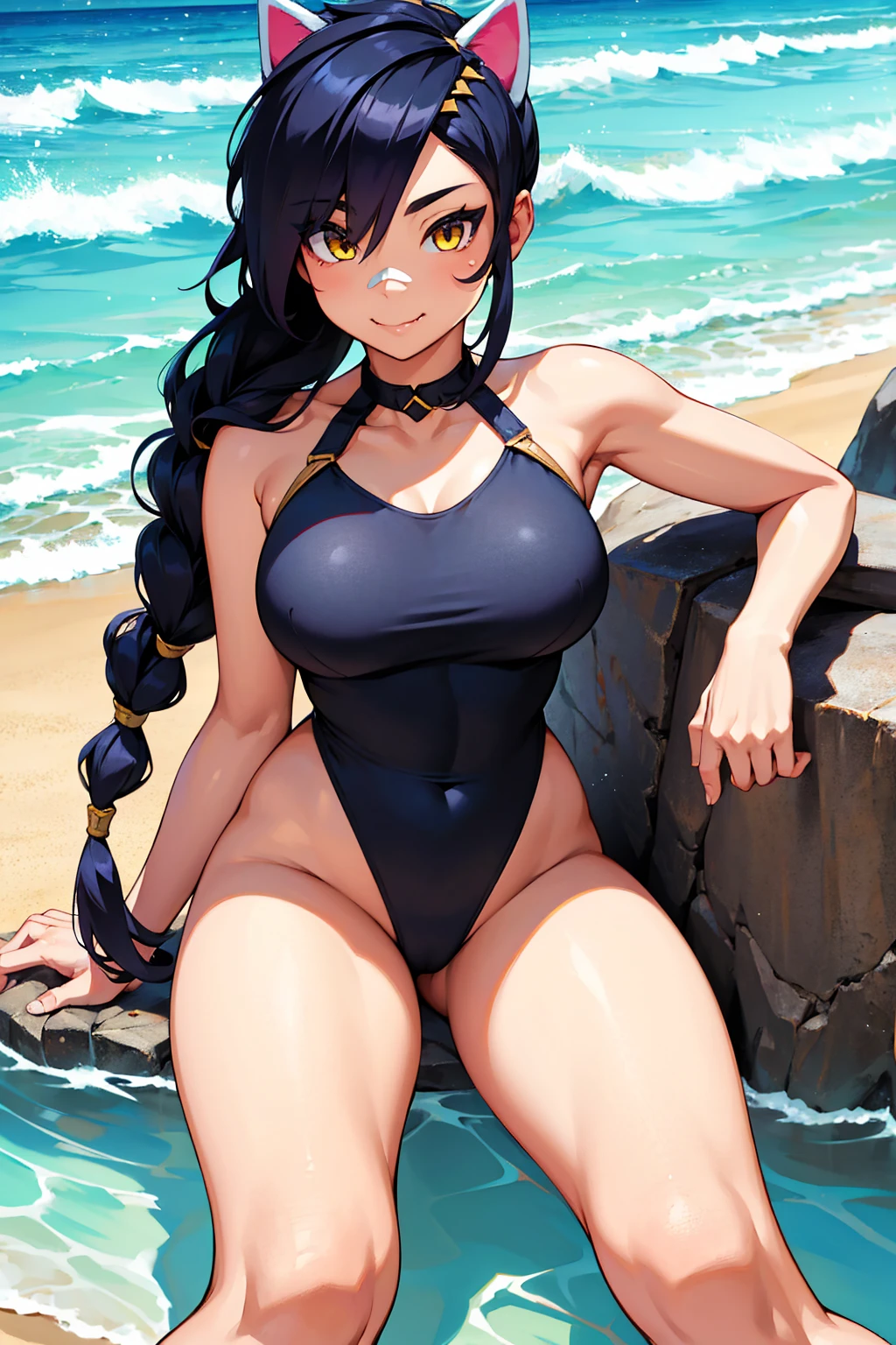 Erisa, 1girl, solo, long hair, looking at viewer, black hair, bandaid on face, yellow eyes, animal ears, smile, bandaid on nose, braid, cat ears, bandaid, bangs, breasts, fake animal ears, simple background, fang, bare shoulders, scar, bare shoulders, closed mouth, hair over one eye, portrait, hair over shoulder, legs, seductive, bathing suit, 2 piece swimsuit, beach, realistic, highly detailed face, detailed eyes, best quality, masterpiece, ultra detail, ultra high res, extreme detail, 8k, uhd, curvy,