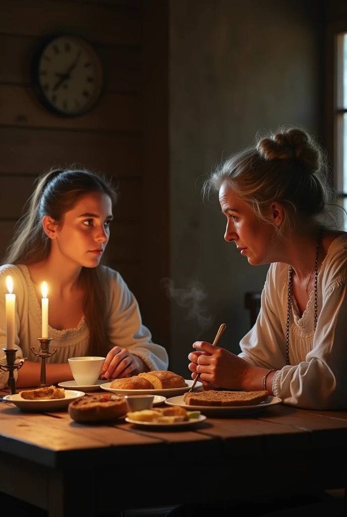 During the French Revolution、Beautiful young farm girl,Bard's view, During the French Revolution、1 male and 2 female, 1 girl is Beautiful young farm girl ,16years old, 1 man is My father is 50 years old , 1 woman is mother is 30 years old ,3 people were eating bread and thin slices.-Sipping a cup of coffee, eating around the table、in house, night, UHD, accurate, anatomically correct, textured skin, beautiful fingers super detail, high details, high quality, best quality,