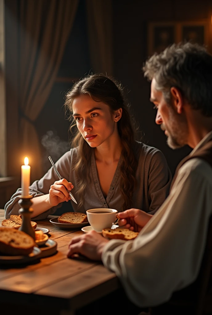 During the French Revolution、Beautiful young farm girl,Bard's view, During the French Revolution、1 male and 2 female, 1 girl is Beautiful young farm girl ,16years old, 1 man is My father is 50 years old , 1 woman is mother is 30 years old ,3 people were eating bread and thin slices.-Sipping a cup of coffee, eating around the table、in house, night, UHD, accurate, anatomically correct, textured skin, beautiful fingers super detail, high details, high quality, best quality,