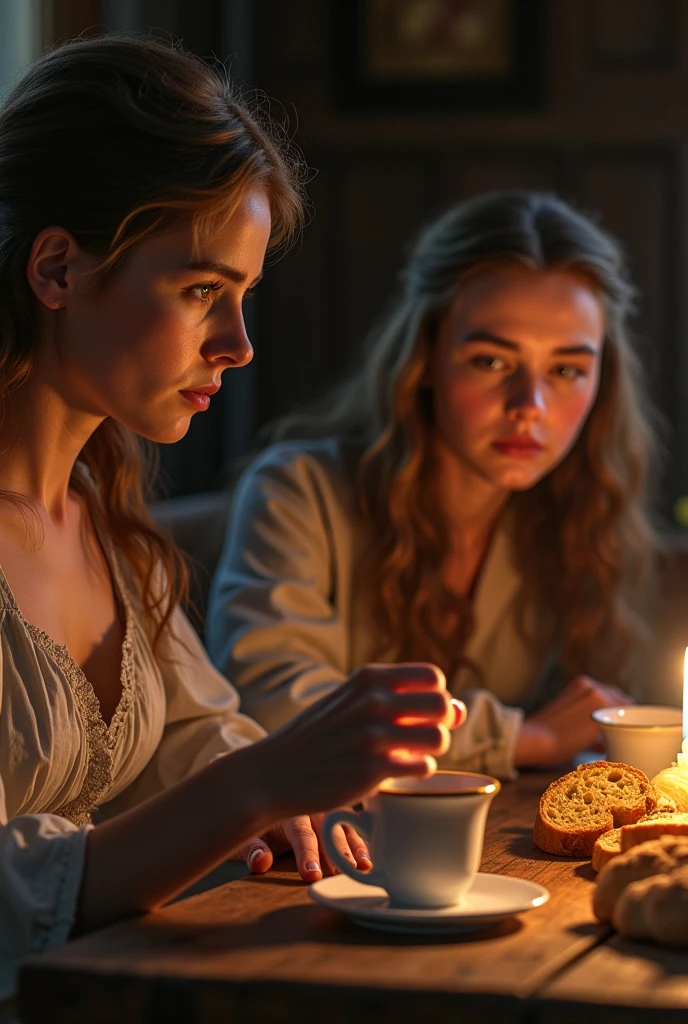 During the French Revolution、Beautiful young farm girl,Bard's view, During the French Revolution、1 male and 2 female, 1 girl is Beautiful young farm girl ,16years old, 1 man is My father is 50 years old , 1 woman is mother is 30 years old ,3 people were eating bread and thin slices.-Sipping a cup of coffee, eating around the table、in house, night, UHD, accurate, anatomically correct, textured skin, beautiful fingers super detail, high details, high quality, best quality,