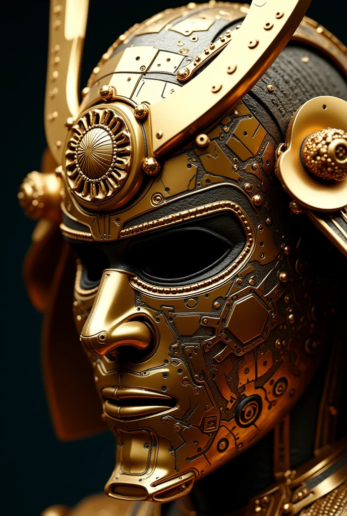 A golden Japanese samurai mask with components simulating electronic applications,Used on golden masksICElectronic chip components andCPUdecorate,The Japanese family crest is printed on it,overall presentation45Feet
