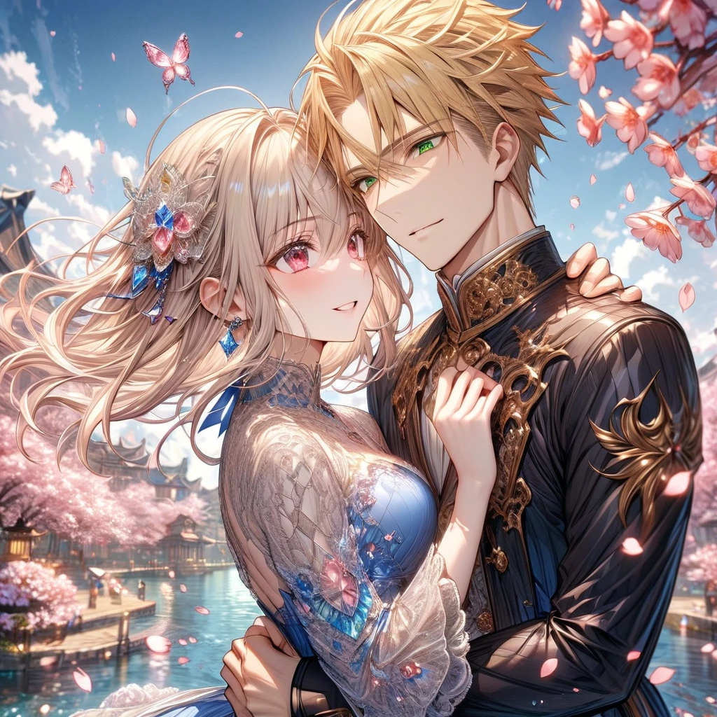 absurdres, highres, ultra detailed, HDR, master piece, best quality, extremely detailed face, delicated features, Xue Yu, brown hair, messy hair, hair between the eyes, expressive red eyes, Fate Stay Night, Saber, blonde hair, expressive green eyes, a handsome man together with a beautiful woman, couple, smiling, blue dress, black coat, fantasy, magical, cherry blossoms, pink flowers, pink butterflies, pink petals, water, crystal glass, blue sky