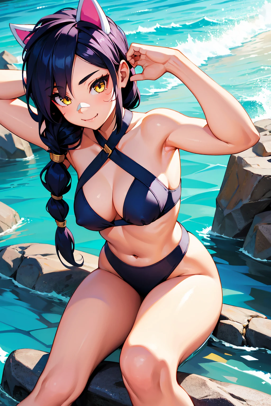 Erisa, 1girl, solo, long hair, looking at viewer, black hair, bandaid on face, yellow eyes, animal ears, smile, bandaid on nose, braid, cat ears, bandaid, bangs, breasts, fake animal ears, simple background, fang, bare shoulders, scar, bare shoulders, closed mouth, hair over one eye, portrait, hair over shoulder, legs, seductive, bathing suit, 2 piece swimsuit, beach, realistic, highly detailed face, detailed eyes, best quality, masterpiece, ultra detail, ultra high res, extreme detail, 8k, uhd, curvy,