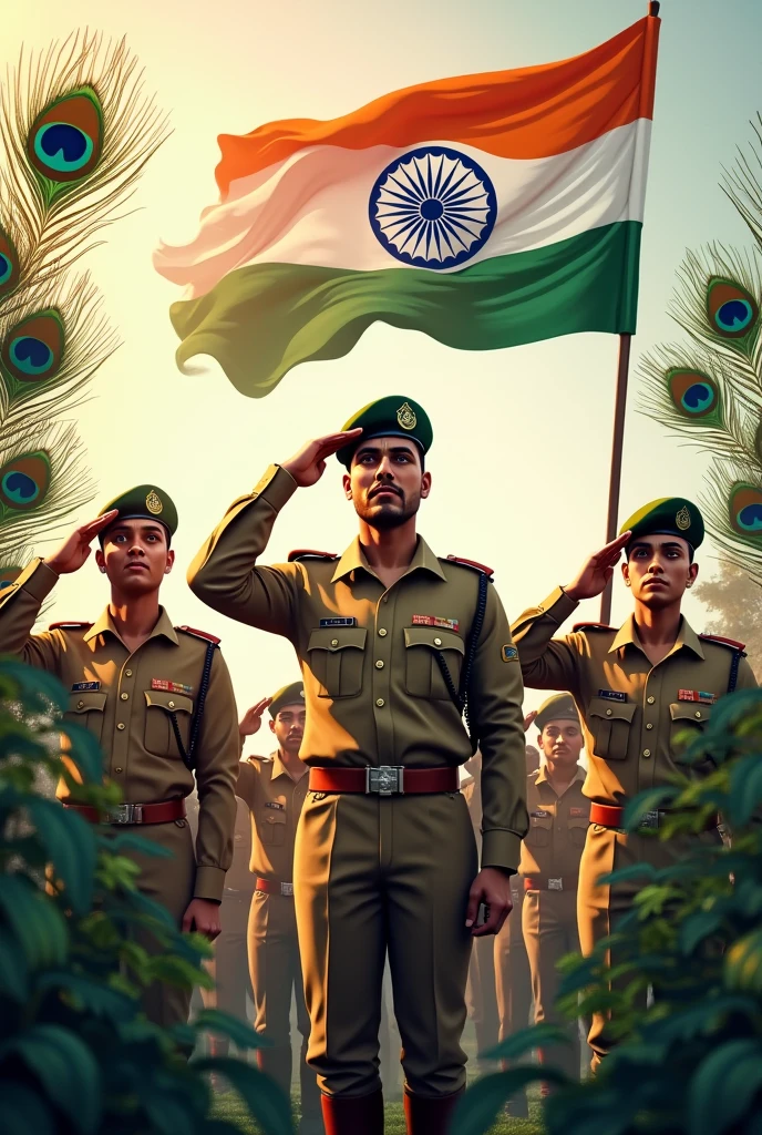 Saluting Indian soldiers, "N B Shankar" word with Indian flag and peacock broad feathers surrounded