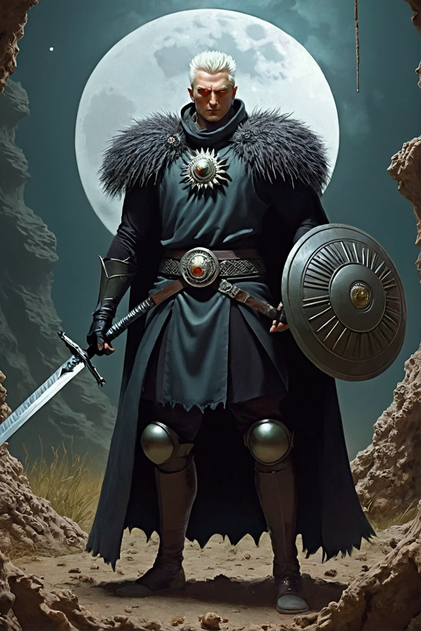 Tall man, with spiky white hair, with silver iris of the eyes, in a field with a reddish full moon, wearing a black Bruna with a black sun on the chest, with a large circular shield adored by a black sun and emanating a magical aura, using a long sword, fighting a lich