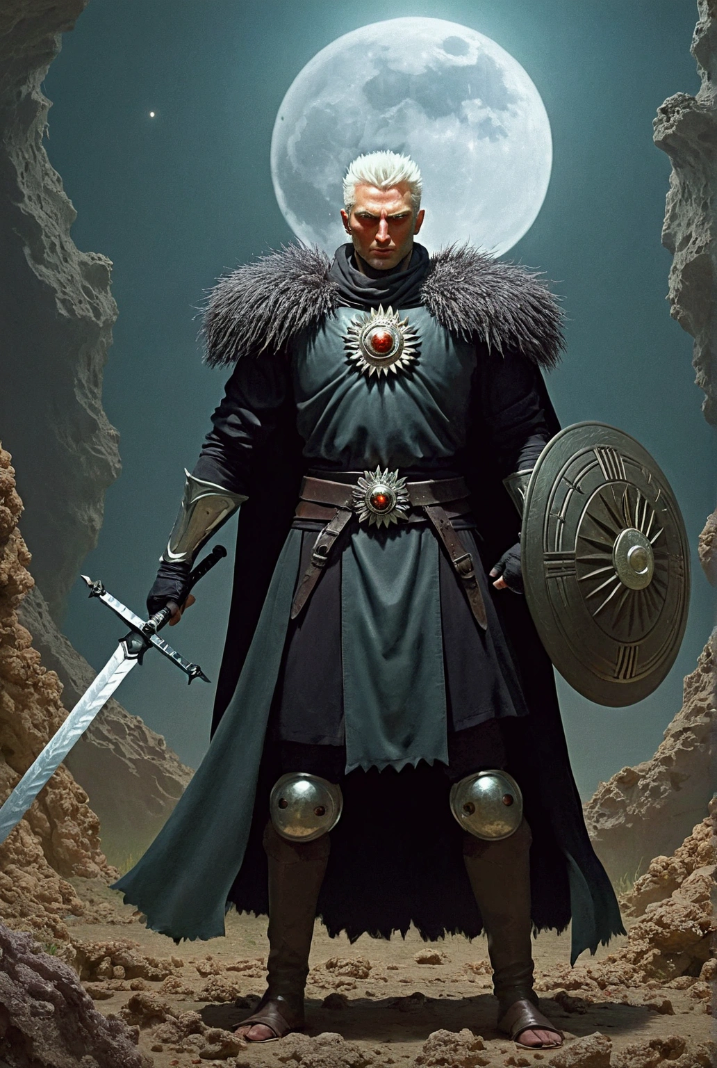 Tall man, with spiky white hair, with silver iris of the eyes, in a field with a reddish full moon, wearing a black Bruna with a black sun on the chest, with a large circular shield adored by a black sun and emanating a magical aura, using a long sword, fighting a lich