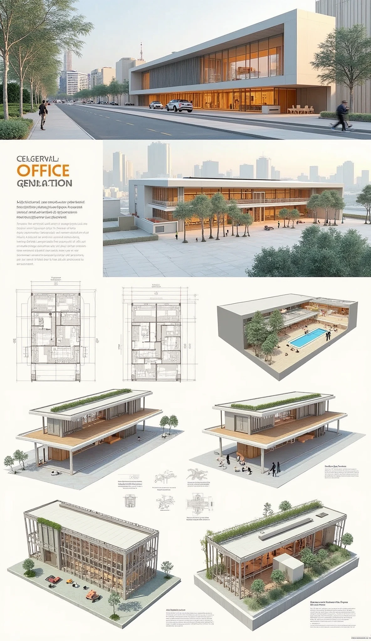 an architectural presentation board of a modern office design with floor plans, isometric views, sections, technical details,3d rendered views in pastel theme with illustrations and texts neat composition and formatted graphics