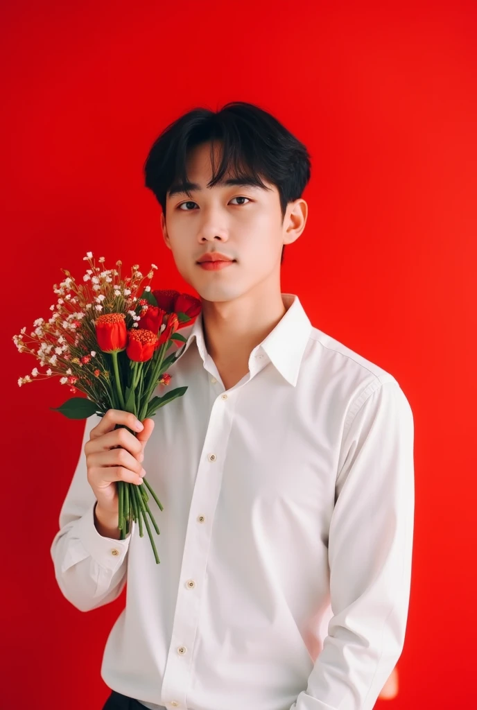 a young man holding flowers over his shoulder on a red background, 1boy, flower, male focus, solo, holding flower, black hair, holding, shirt, red background, white shirt, simple background, formal