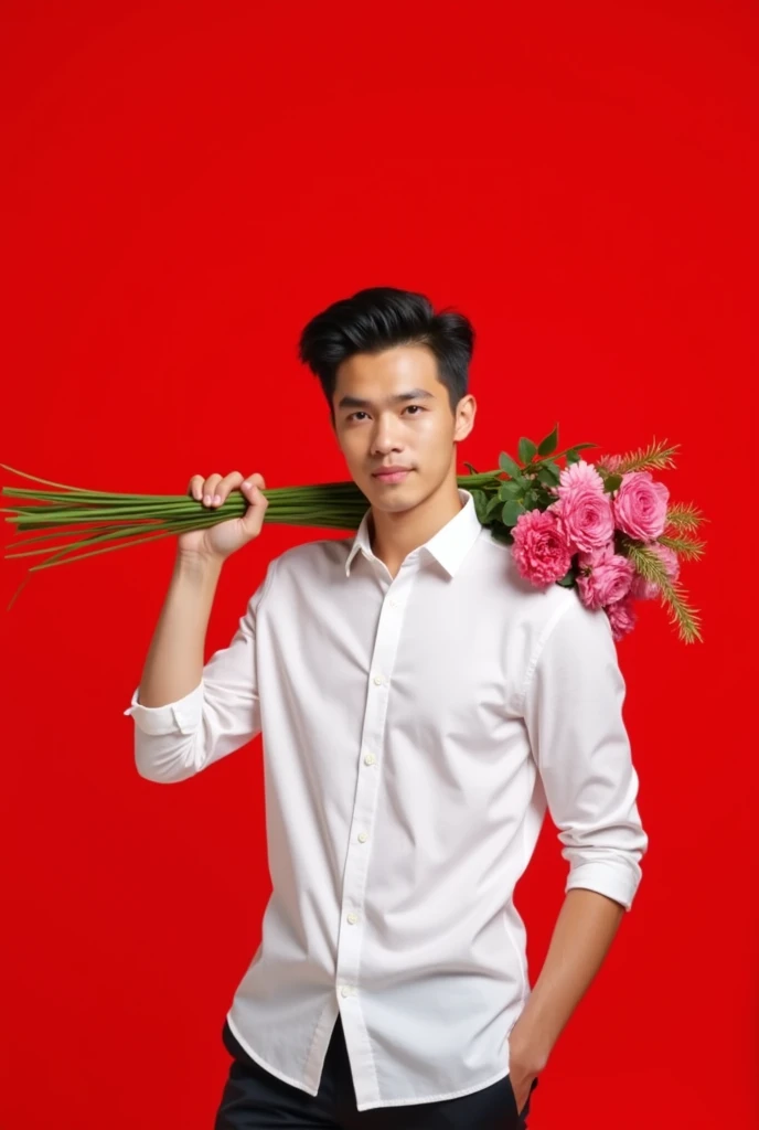 a young man holding flowers over his shoulder on a red background, 1boy, flower, male focus, solo, holding flower, black hair, holding, shirt, red background, white shirt, simple background, formal