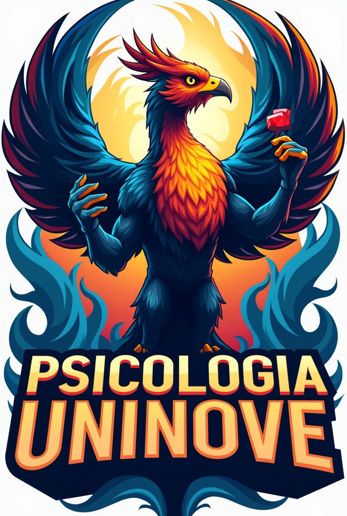 Create a mascot image for the Psychology course. The phoenix must have a confident and empowered posture, symbolizing strength and overcoming. He must be holding the Psychology symbol (Ψ) With an expression of determination. Use colors that represent Psychology, como azul, yellow and red, no design, swirly vibrant colors. Include the name 'PSICOLOGIA UNINOVE' in bold, with typography that conveys power and professionalism. The mascot's style should be aggressive and inspiring., with features that show power and resilience. Design should reflect the spirit of support, development and reception of the group, incorporating additional symbols related to Psychology, significant elements for the course and practice of Psychology