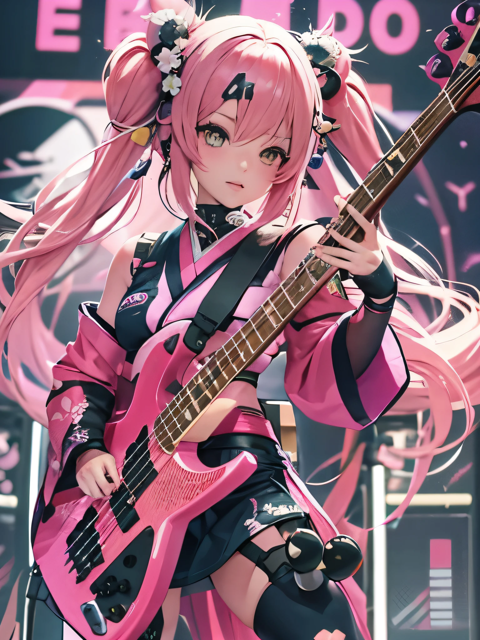 Full body of an anime girl with pink twin-tailed hair wearing a Japanese kimono and playing a bass guitar on stage at a cyberpunk festival