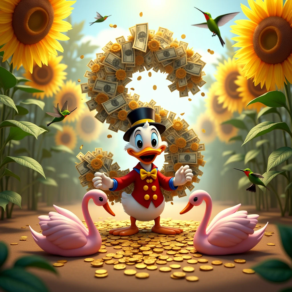 Create an image that contains: Uncle Scrooge smiling with several banknotes and coins forming a dollar sign with the money. While there are several hummingbirds flying around you in a place full of very yellow and vivid sunflowers. In floor, containing two pink swans forming a heart because they are very close.
