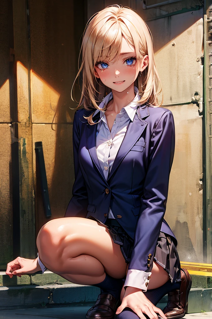 (((night,真night中))),((Dark atmosphere)),((Perfect Anatomy:1.2,Realistic:1.3,Raw photo:1.3,masterpiece、highest quality、Ultra - High resolution、High resolution、Extremely detailed CG、8k)),((attractive way to sit)),((((Crouching pose)))),1 female,alone,18-year-old、High school girl beautiful girl,Japanese,((Beautiful and exquisite face and eyes:1.2,Big beautiful eyes:1.0,)),(Brighten your eyes),((Beautiful woman))、Blonde,Long Hair,(Center parted hair:1.4,amount),Medium chest,((slim body)),Small Head:1.3,skinny,(Brown Skin:1.8),(Oily skin,Glowing Skin,Shiny skin,Sweat:1.2),(((school uniform、Dark blue blazer jacket、((White Shirt))、Checkered pleated mini skirt))),(prostitution),((show off bra:1.2)),Dirty back alley、Tokyo、((Turn your body forward)),(lonely),((Feeling melancholy))、Stick out your crotch、(Apathy),(Lucky)、((Expressionless))