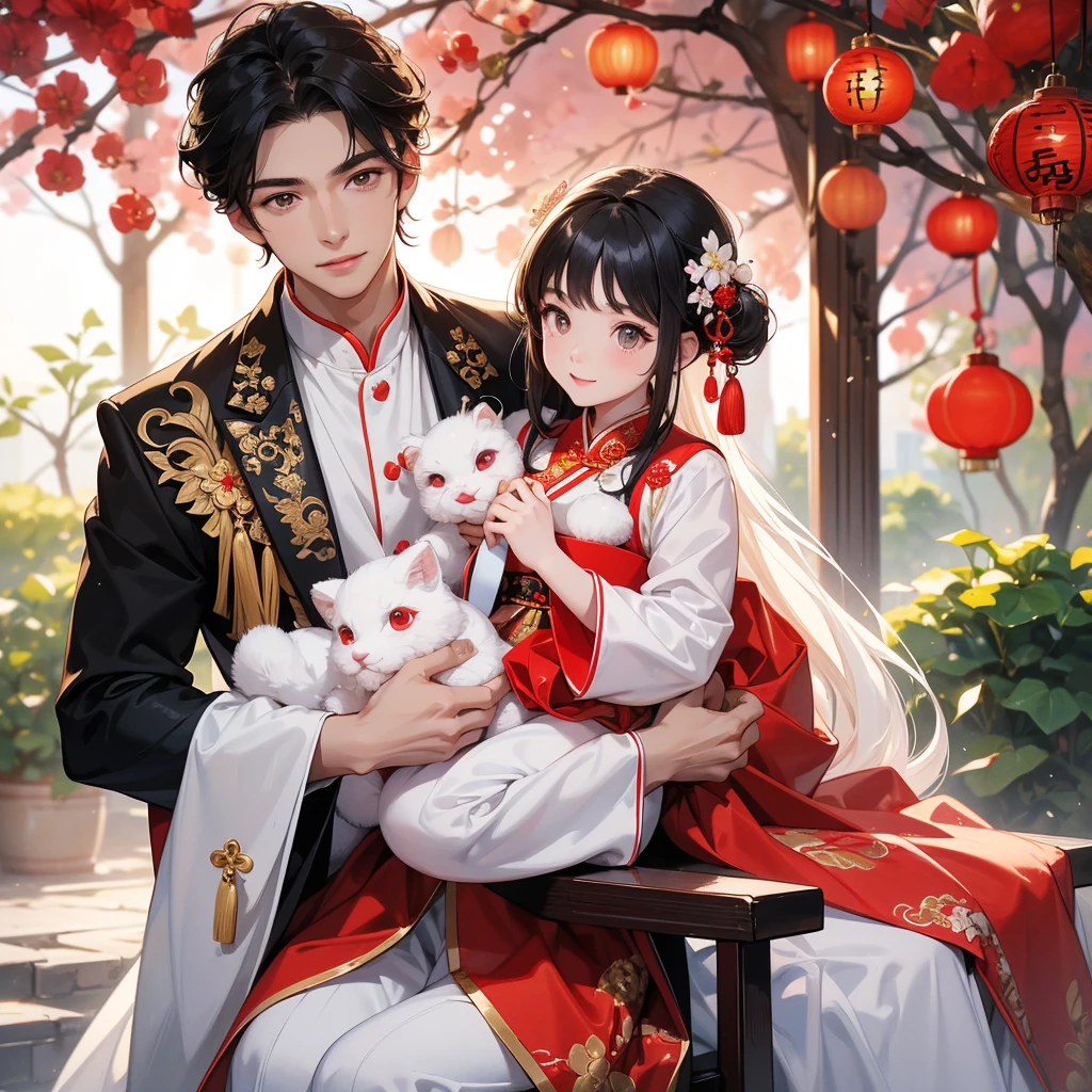 a handsome young man with good face and gentle face, wearing a white ancient Chinese costume, sitting on chair, hugging his adorable Chibi baby girl 1 year old, who is 1 year old, with black hair in a red Chinese new year costume, int he morning, there is sunlight shining in the front yard garden , smiling.