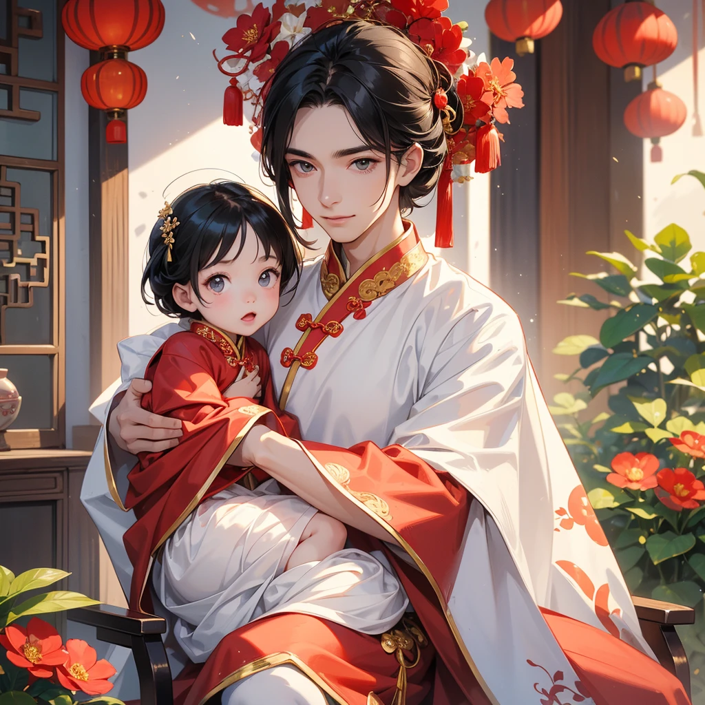 a handsome young man with good face and gentle face, wearing a white ancient Chinese costume, sitting on chair, hugging his adorable Chibi baby girl 1 year old, who is 1 year old, with black hair in a red Chinese new year costume, int he morning, there is sunlight shining in the front yard garden , smiling.