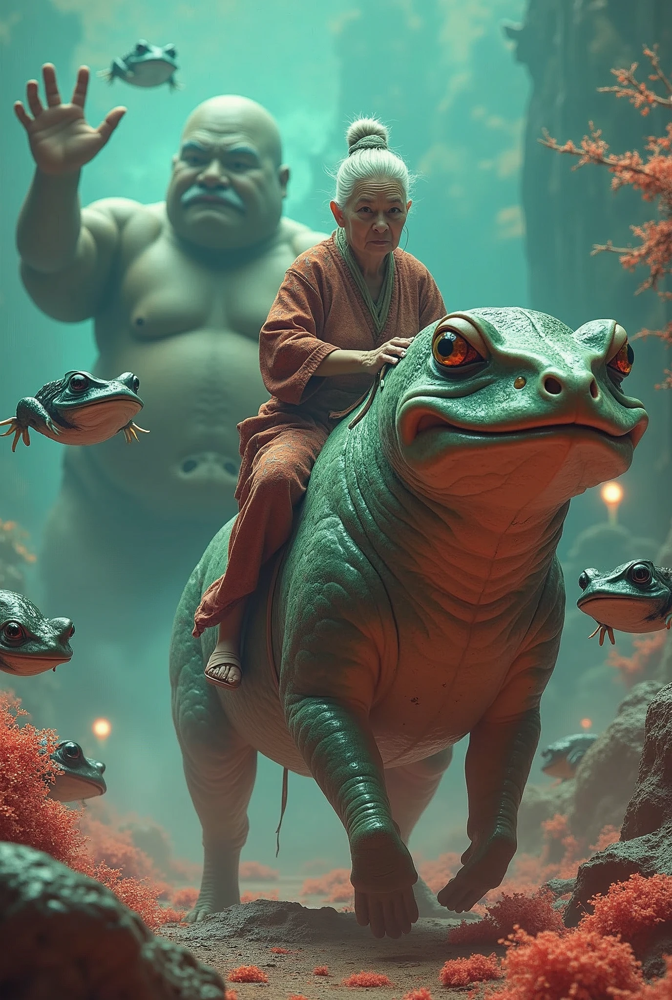 Auntie riding a chimaera, flying fluorescebt frogs, photorealistic psychedelic miyazaki, polaroid, retro dream ::1 a gigantic fluorescent sumo wrestler dances in the background ::3