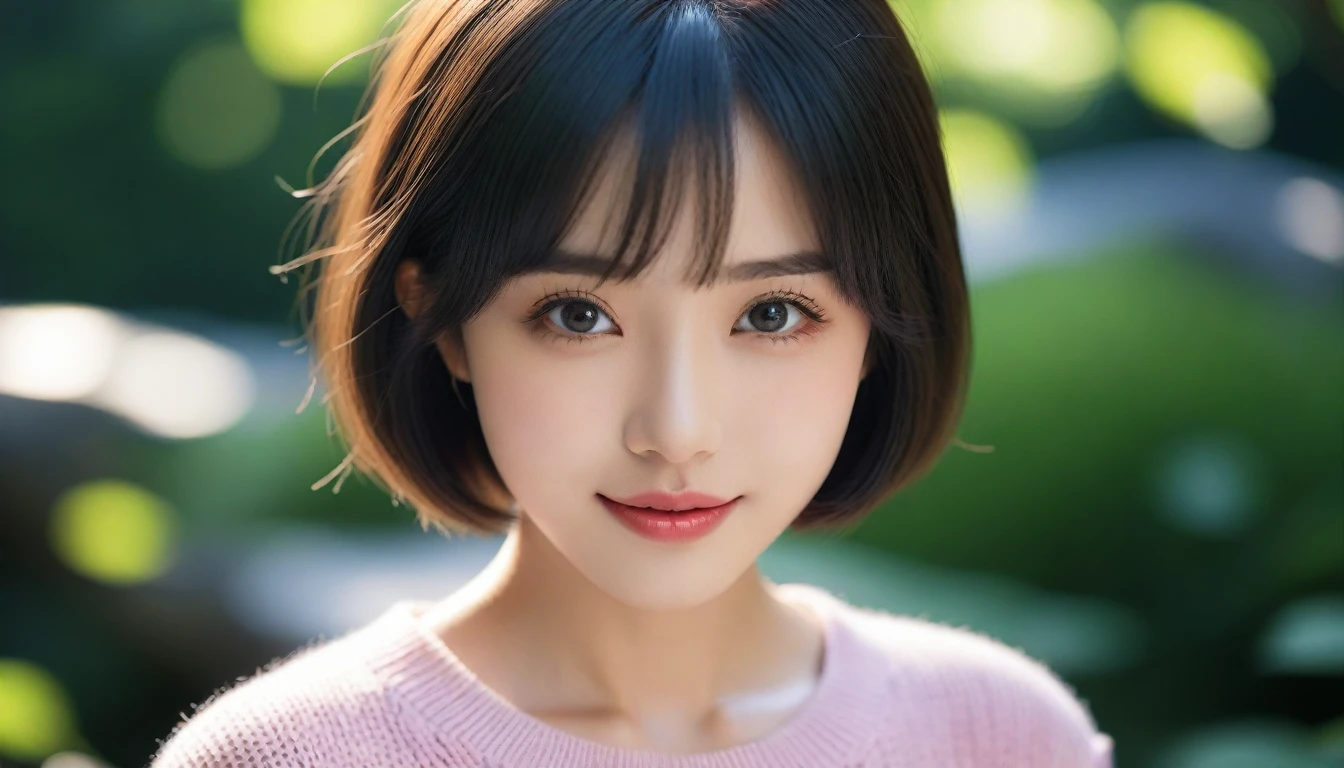 8k, Ultra-high resolution, Highest quality, masterpiece, 三分割法によるphotograph,Surreal, photograph, 1 Girl, (:1.3), pretty girl, Cute Face, 細部までBeautiful Eyes, 細かくdetailedに,masterpiece,One Girl:1.2,Japanese women,Young Wife,upper body,smile,Black hair,Bowl cut,(Summer knitwear:1.3),wood々Inside,Mountain trail,Summer sunshine,wood漏れ日,(Beautiful attention to detail),Subtle details, detailedな顔, smile,Attractive girl,(のポートレートphotograph:1.4),(Photorealistic images:1.4),Fantasy art,(Beautiful Face:1.4),Beautiful and attractive eyes、Beautiful Eyes、(Tight waist:1.4)、(Beautiful with perfect body proportions:1.4),Pink Lips,Looking at the audience,(((Ideal body type))),A-cup small breasts :2,、Portraiture:2、Perfect Anatomy、鮮明なdetailed、detailed,Fashion magazine cover,Thin lips,完璧でBeautiful Face ,完璧でCute Face, Skin with attention to detail, Perfect limbs、Narrow waist,Surreal,Light and shadow,dappled sunlight