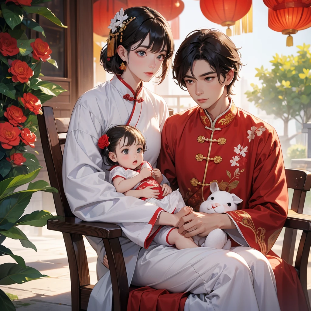 a handsome young man with good face and gentle face, wearing a white ancient Chinese costume, sitting on chair, hugging his adorable Chibi baby girl 1 year old, who is 1 year old, with black hair in a red Chinese new year costume, int he morning, there is sunlight shining in the front yard garden , smiling.