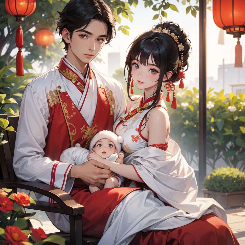 a handsome young man with good face and gentle face, wearing a white ancient Chinese costume, sitting on chair, hugging his adorable Chibi baby girl 1 year old, who is 1 year old, with black hair in a red Chinese new year costume, int he morning, there is sunlight shining in the front yard garden , smiling.
