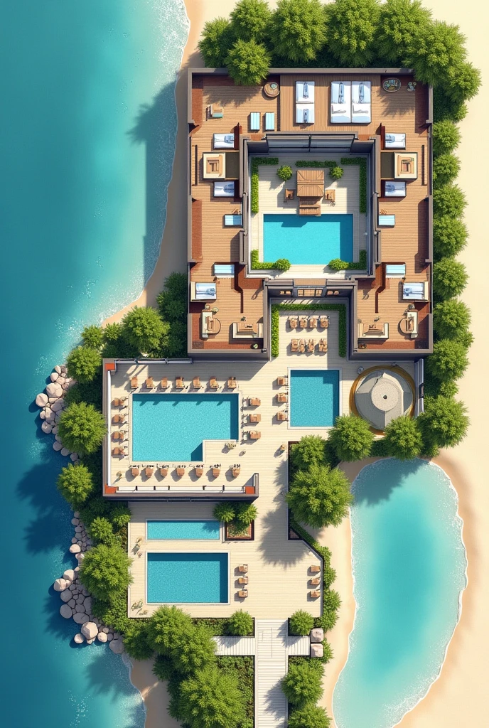 2D hotel floor plan on the beach which first shows the reception space The restaurant space The recreation space , Guest rooms with beds and everything, A SPA room, An area for people with disabilities, 3 swimming pools, Connection with green areas, This could be something like an open space and a sewage tank outside the hotel., The L-shaped parking lot One part in front and the rest alongside