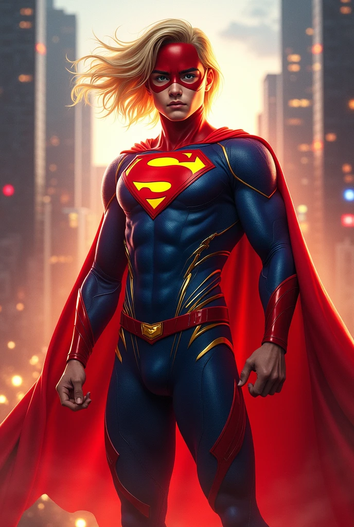 El hijo de flash y supergirl, adult, with a fused suit of both superheroes, and with a cape, rubio... Con traje de flash y supeman fusionados, and lightning emblem and the "s" (de superman)