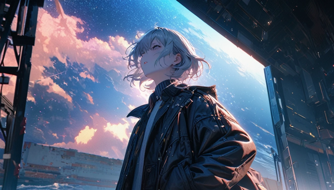 Starry Sky, After the Rain, horizon , In the sky,Lens flare, colorful,coat,Put your hands in your pockets,(student, 18-year-old, JK, Her short silver hair sways, Pale skin, Lack of eye sparkle) Look up at the sky, Beautiful sky, There is an ocean,White Street,The scenery is beautiful, 広いLook up at the sky, I see the wind blowing and shining, In the skyは正午の月と正午の星がある,From below, break ,quality(8k,非常に精細なCGユニットのwallpaper, masterpiece,High resolution,top-quality,top-quality real texture skin,Surreal,Increase the resolution,RAW Photos,最高quality,Very detailed,wallpaper,Cinema Lighting,Ray Tracing,Golden Ratio),Have a long-term perspective