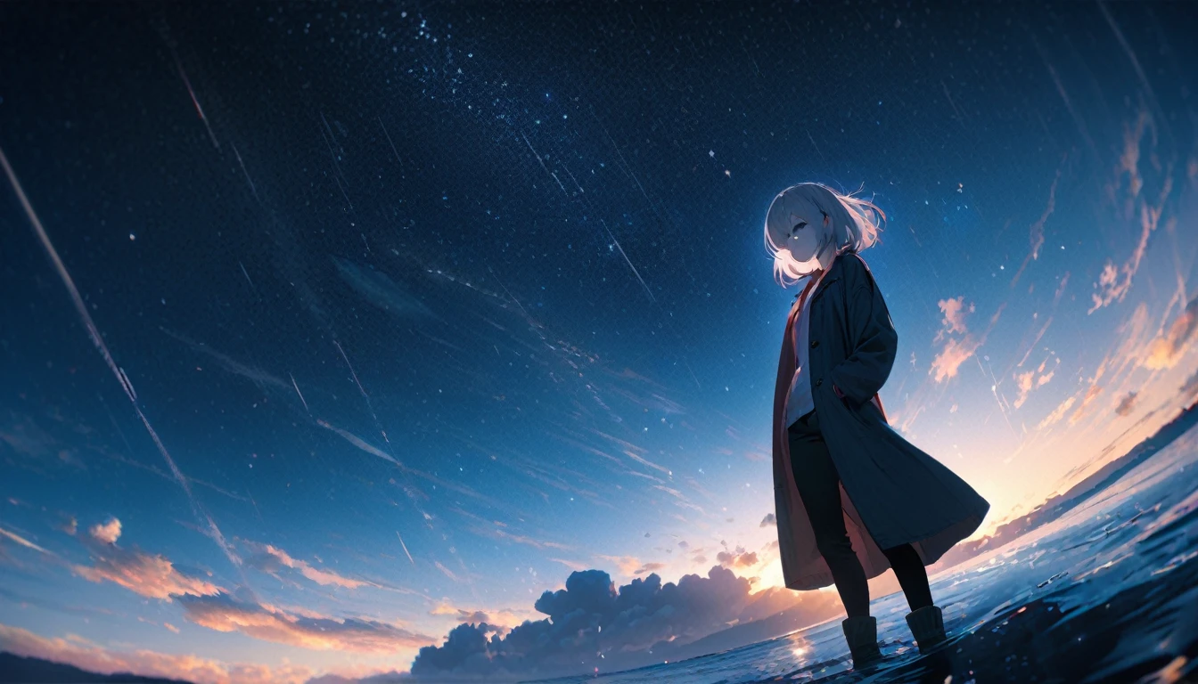 Starry Sky, After the Rain, horizon , In the sky,Lens flare, colorful,coat,Put your hands in your pockets,(student, 18-year-old, ＪＫ, Her short silver hair sways, Pale skin, Lack of eye sparkle) Look up at the sky, Beautiful sky, There is an ocean,White Street,The scenery is beautiful, 広いLook up at the sky, I see the wind blowing and shining, In the skyは正午の月と正午の星がある,From below, break ,quality(8k,非常に精細なCGユニットのwallpaper, masterpiece,High resolution,top-quality,top-quality real texture skin,Surreal,Increase the resolution,RAW Photos,最高quality,Very detailed,wallpaper,Cinema Lighting,Ray Tracing,Golden Ratio),Have a long-term perspective