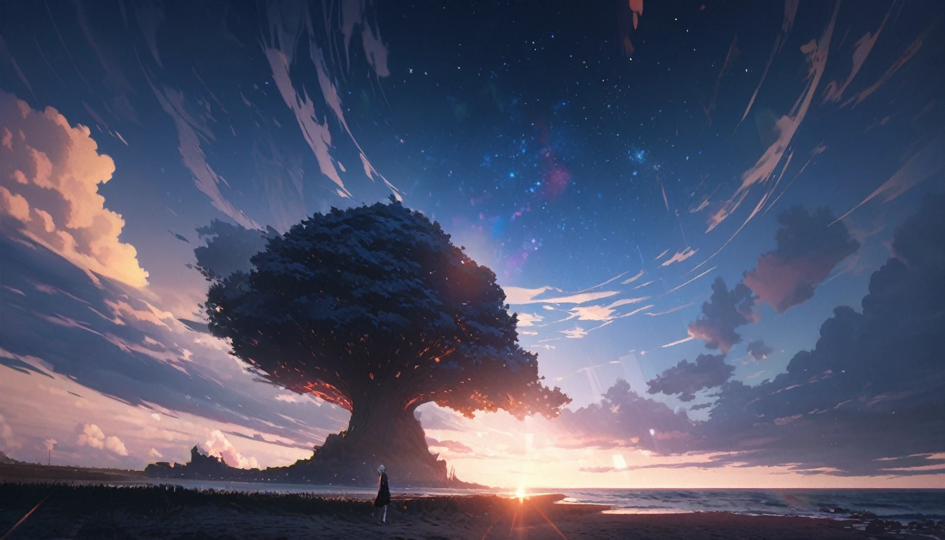 Starry Sky, After the Rain, horizon , In the sky,Lens flare, colorful,coat,Put your hands in your pockets,(student, 18-year-old, JK, Her short silver hair sways, Pale skin, Lack of eye sparkle) Look up at the sky, Beautiful sky, There is an ocean,White Street,The scenery is beautiful, 広いLook up at the sky, I see the wind blowing and shining, In the skyは正午の月と正午の星がある,From below, break ,quality(8k,非常に精細なCGユニットのwallpaper, masterpiece,High resolution,top-quality,top-quality real texture skin,Surreal,Increase the resolution,RAW Photos,最高quality,Very detailed,wallpaper,Cinema Lighting,Ray Tracing,Golden Ratio),Have a long-term perspective