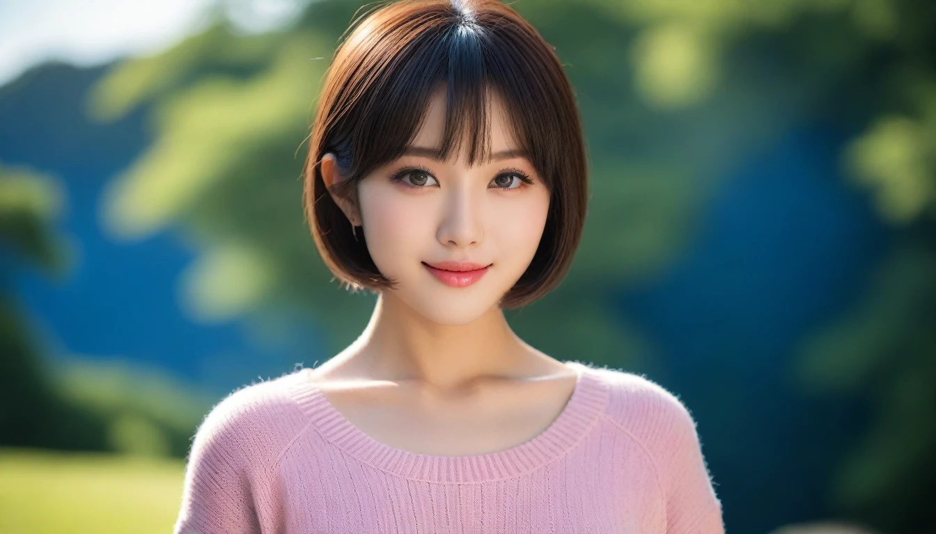 8k, Ultra-high resolution, Highest quality, masterpiece, 三分割法によるphotograph,Surreal, photograph, 1 Girl, (:1.3), pretty girl, Cute Face, 細部までBeautiful Eyes, 細かくdetailedに,masterpiece,One Girl:1.2,Japanese women,Young Wife,upper body,smile,Black hair,Bowl cut,(Summer knitwear:1.3),wood々Inside,Mountain trail,Summer sunshine,wood漏れ日,(Beautiful attention to detail),Subtle details, detailedな顔, smile,Attractive girl,(のポートレートphotograph:1.4),(Photorealistic images:1.4),Fantasy art,(Beautiful Face:1.4),Beautiful and attractive eyes、Beautiful Eyes、(Tight waist:1.4)、(Beautiful with perfect body proportions:1.4),Pink Lips,Looking at the audience,(((Ideal body type))),A-cup small breasts :2,、Portraiture:2、Perfect ???????、鮮明なdetailed、detailed,Fashion magazine cover,Thin lips,完璧でBeautiful Face ,完璧でCute Face, Skin with attention to detail, Perfect limbs、Narrow waist,Surreal,Light and shadow,dappled sunlight