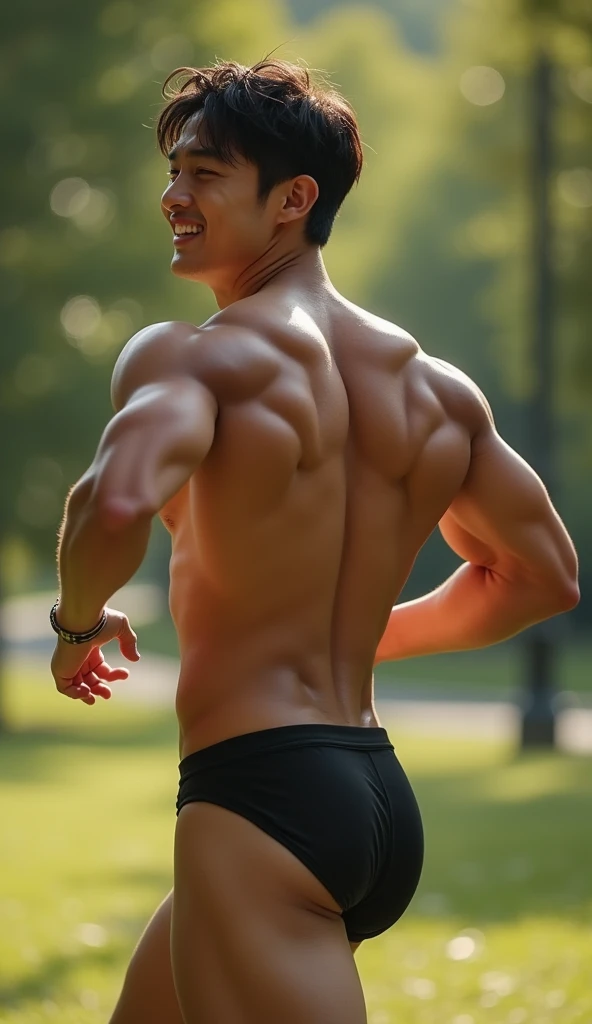 Masterpiece, Best Quality, Solo, Korean Men, bodybuilder, Muscular body, big muscle, Natural eyes, Short and delicate hair, Sexy Man, looking up at viewer, Triangle Men's Swimwear, Large protrusions, Erection, legs open, Muscular posture