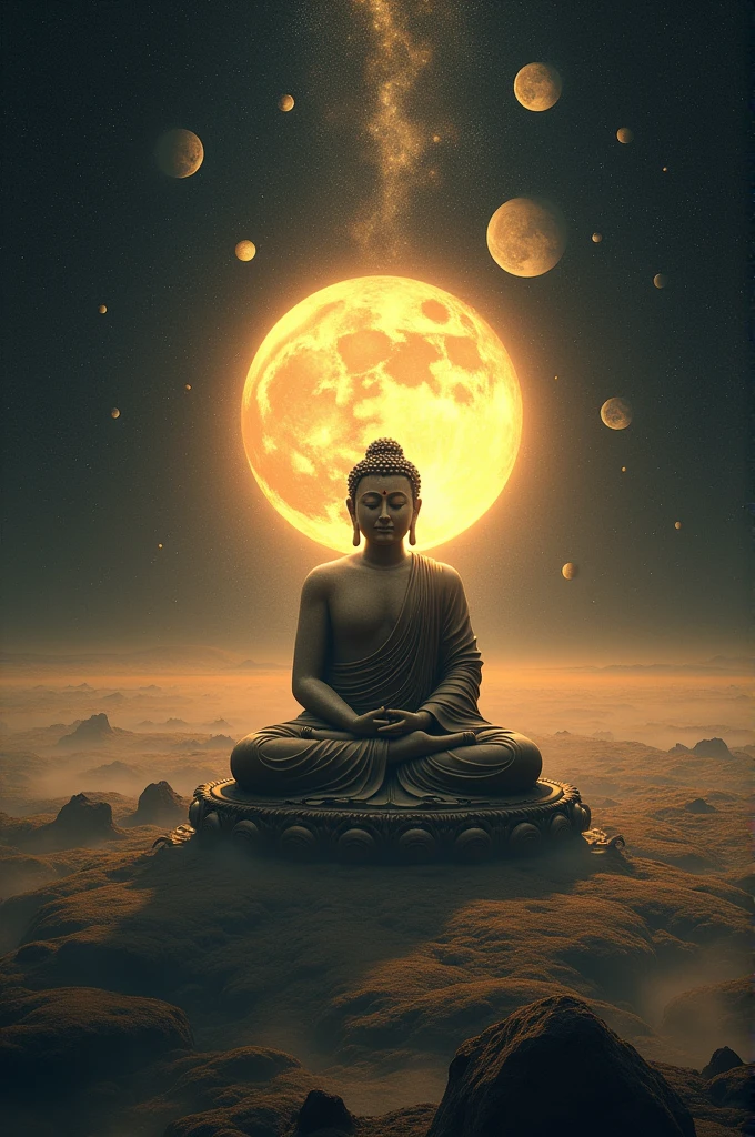 A crooked-faced Buddha meditating on the moon, with a soft yellow aura, in the middle of space there is a solar system.