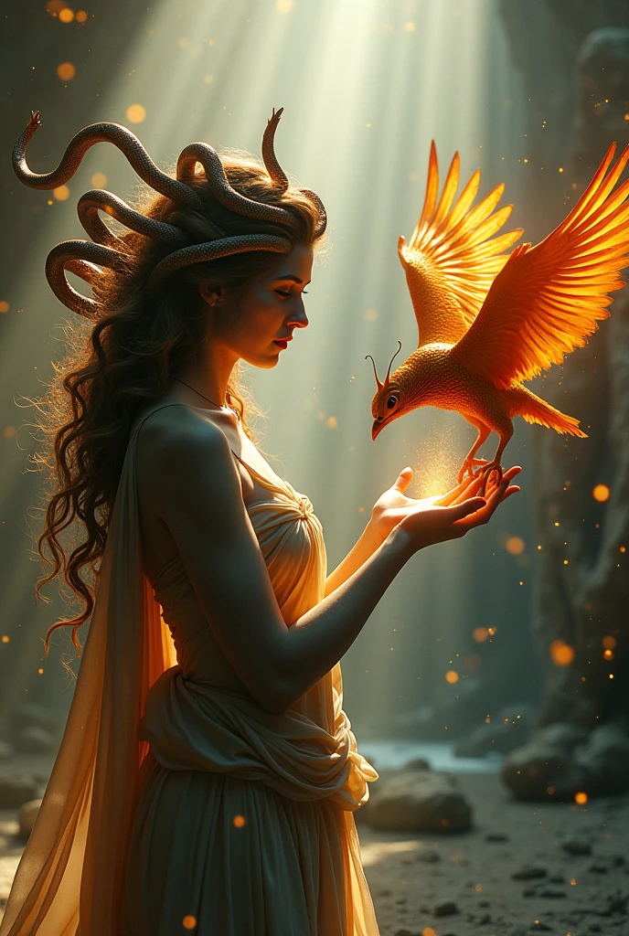 The Medusa of Greek mythology from head to toe posing authentically, with a phoenix as if descending from its flight towards her hand extended upwards, I want the phoenix to look like she's trying to get a butterfly to land on her finger., But instead of a butterfly I want it to be a phoenix like the butterfly flying but going down towards your finger, I want there to be a great representation of these two giving light like rays or dust to the background based on their base colors and with flashes of rays like in the background, I want Medusa to have only two arms and for it to be noticeable that they are snakes and not like the dreadlocks she has in her hair and like a fearsome figure and more green like it is in Greek mythology.. I want it to be a phoenix, not just any little bird 😭
