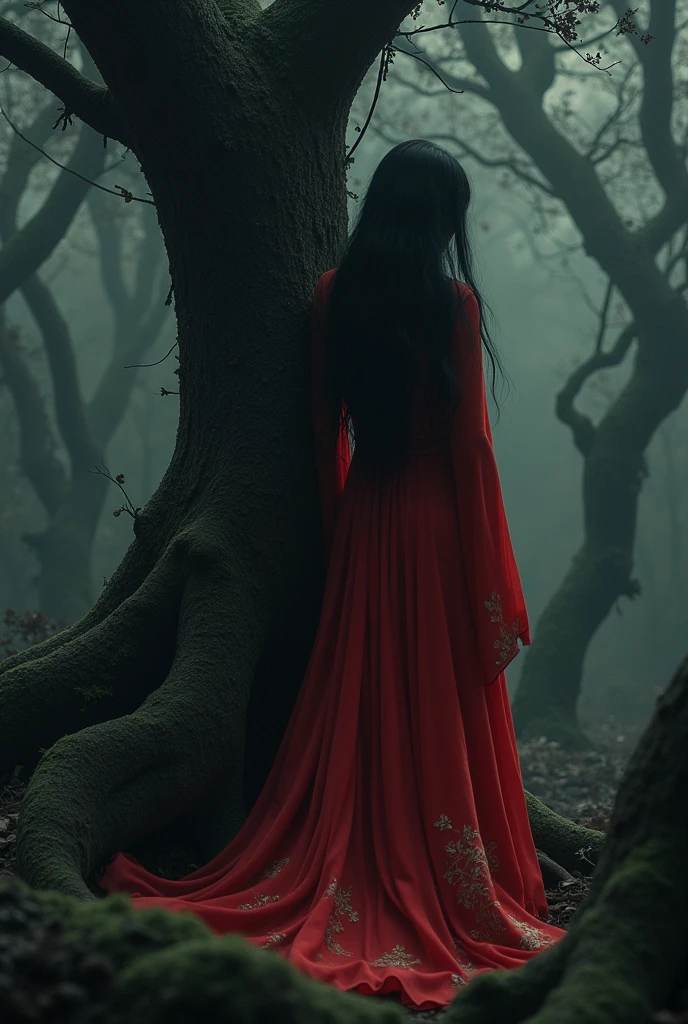 Female ghost in the dark woods，Standing behind a tree，The tree covers half of the body，Wearing a red Chinese wedding dress，Long hair in front of face