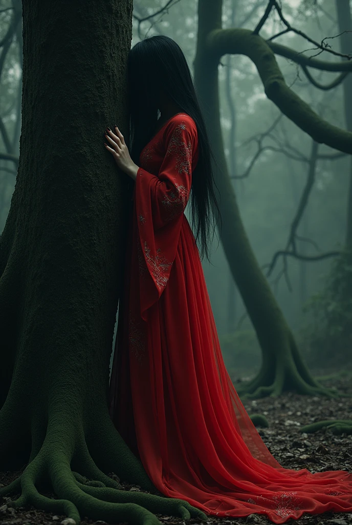 Female ghost in the dark woods，Standing behind a tree，The tree covers half of the body，Wearing a red Chinese wedding dress，Long hair in front of face