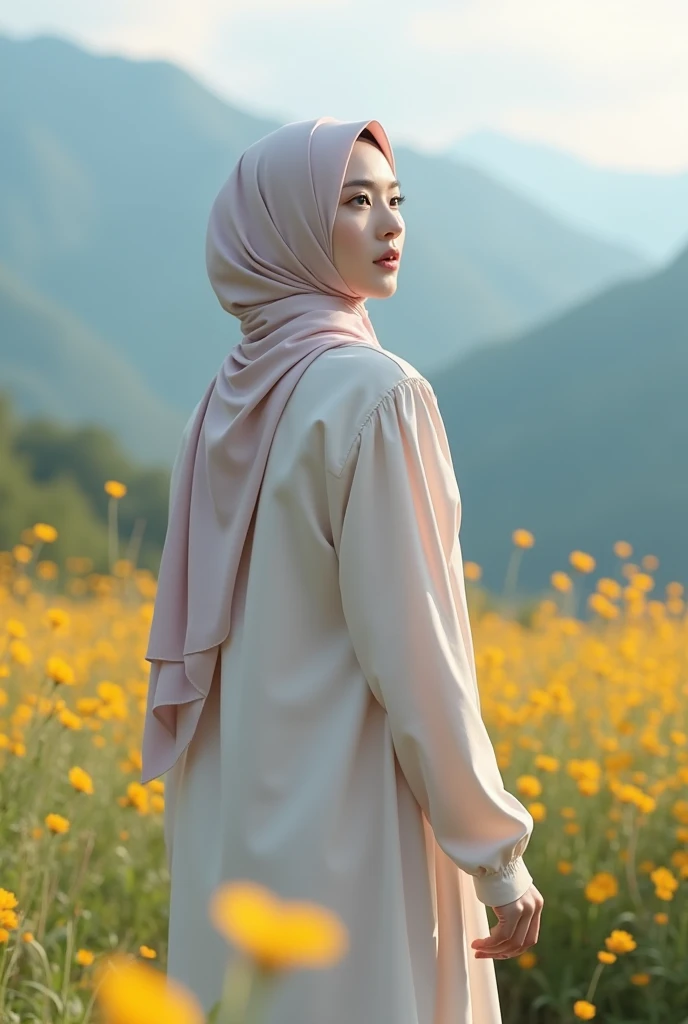 close-up of a beautiful Korean woman, ) with white skin wearing a long hijab, walking in a flower garden that blooms in the morning), mountain background, UHD