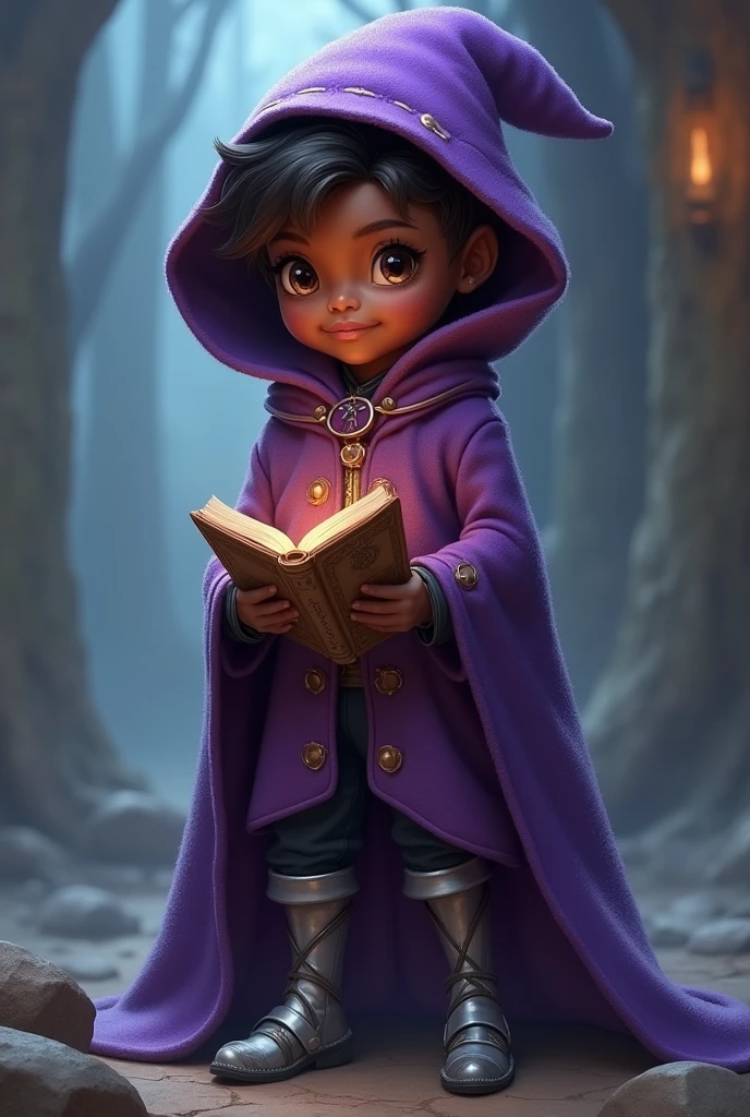 Young adult wizard, dark skin,naive appearance, purple coat, silver armor boots.
Holds a magic book.