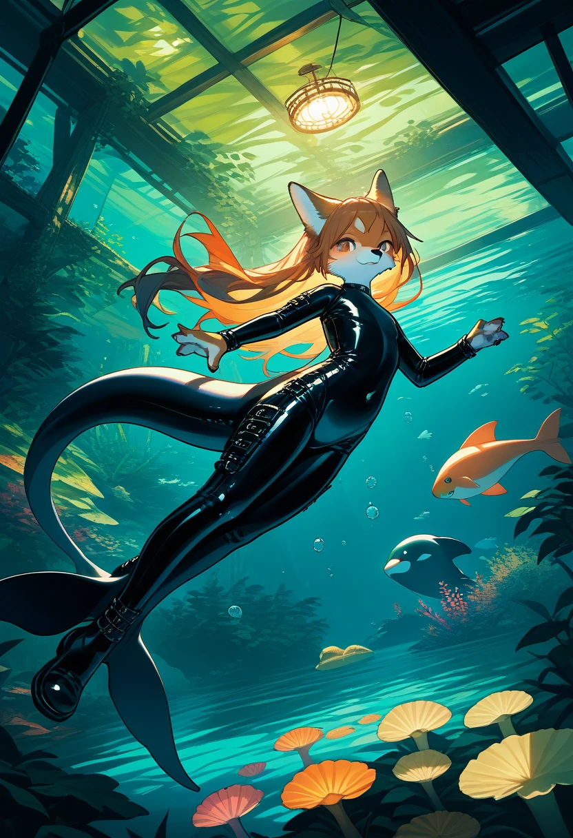 Highest quality, Highest quality, masterpiece, Ultra-high resolution, Detailed Background, Absurd, Aquarium, forest, Perfect Anatomy, performance, Good lighting, Shadows in the movies(kemono, Furry Personifi猫ion), Orca, Mermaid, Rubber Suit, latex, Fin Boots, Vibrant colors, Dynamic Lighting