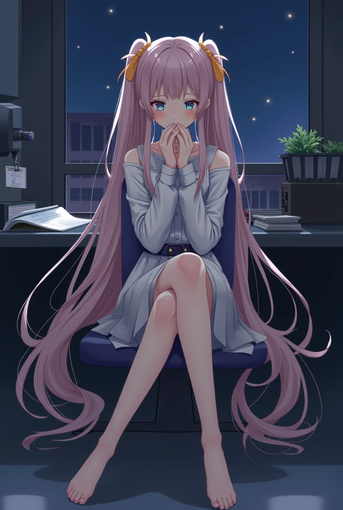 masterpiece, best quality, HuTaoV4, 1girl, solo, looking down, blush, long hair, twintails, multicolored hair, nude, feet, feet bottom)), ((from below)), id card, office, desk, computer, sitting on chair, indoors, night